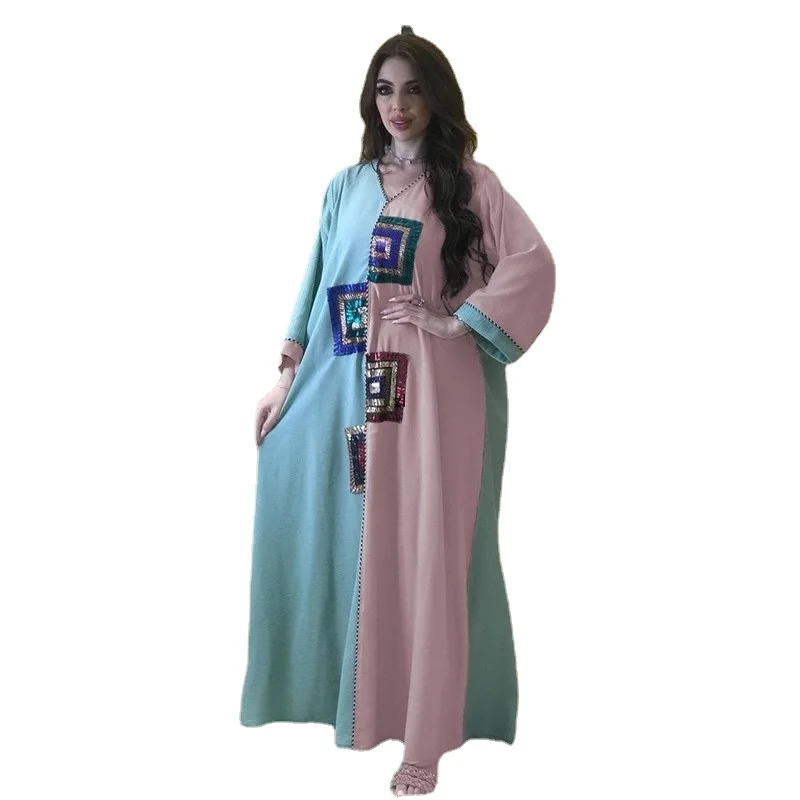 

Fashion Sequins Splicing Contrast Color Abaya Dress Arabian Dubai Moroccan Kaftan Muslim Middle East Women's Clothing