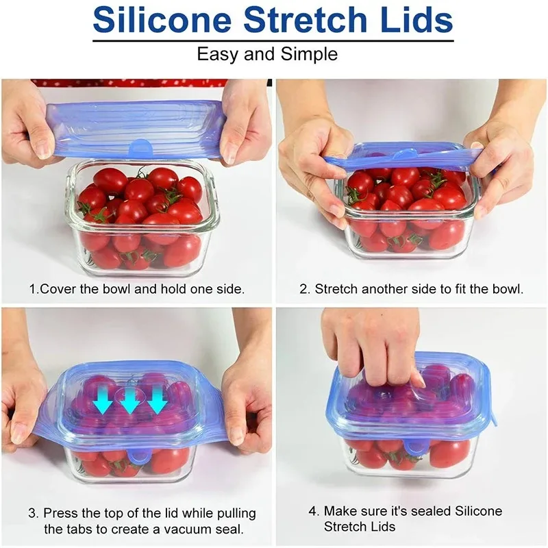 6PCS Reusable Food Packaging Sealed Lid Keeps Fresh Elastic Bowl Lid Square Silicone Stretch Kitchen Tool Accessories