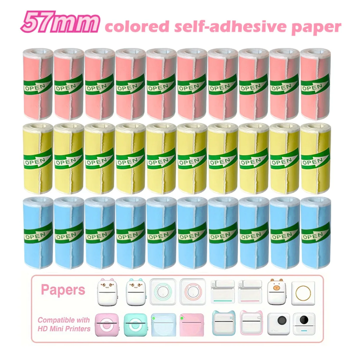 포켓 프린터용 휴대용 57mm 다채로운 접착 감열지 롤 - 연구 노트, 작업 사진..