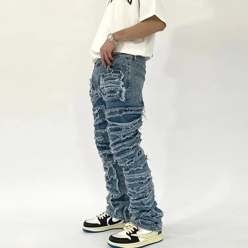 

2023 Fall Y2K Jeans Men Fashion Ripped Hollow Out Patchwork Design Jeans Streetwear Mens Vintage Loose Straight Denim Trousers