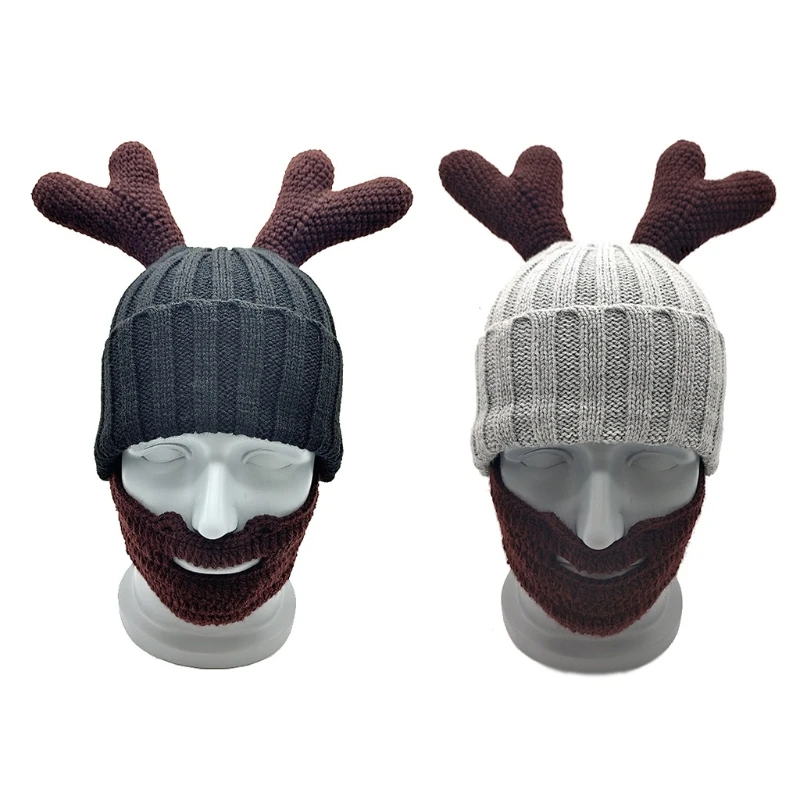 

Tricky Woolen Hat Antler Beard Knitted Hat Autumn Winter Warm Hat Handmade for Boys Girls Halloween Gift Funny Party Cap