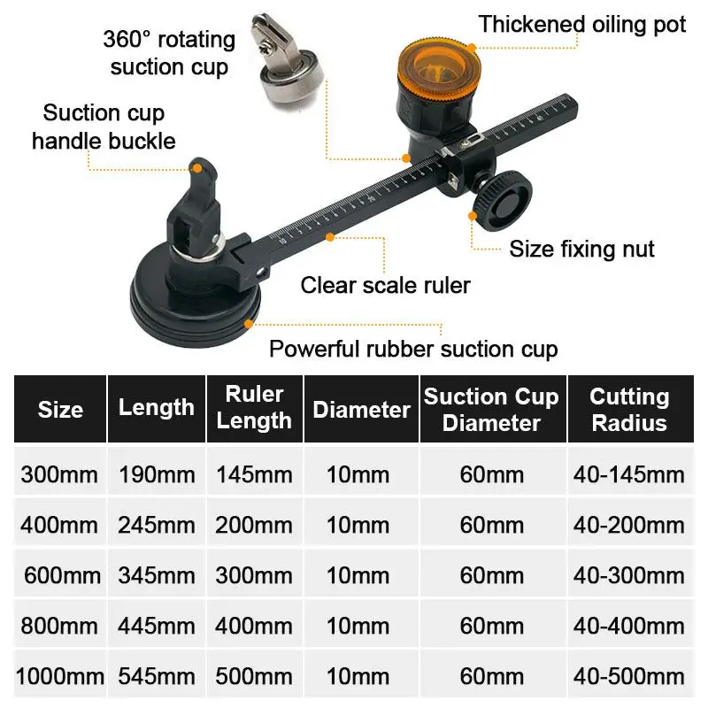 NEW 300-1000mm Glass Compass Gauge Cutter Kit Suction Cup Glass Cutting Accessories 360 Degree Glass Bottle Cutter Cutting Tools 6