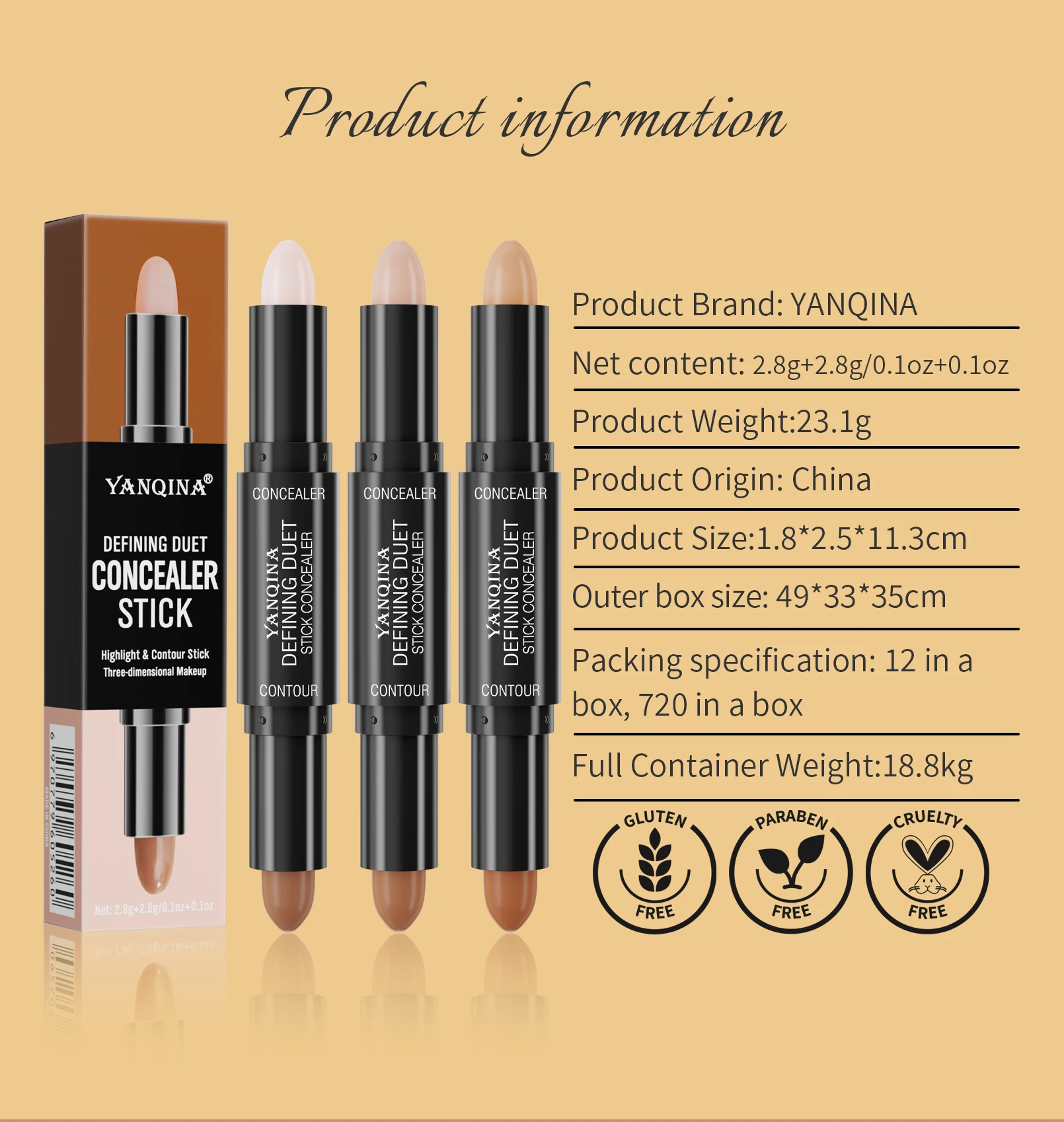 Description Picture 3 of itemContour Stick Duo, Double-Ended Highlight and Shadow Cream, Waterproof Full Coverage Concealer, Natural Finish Makeup for All Sk