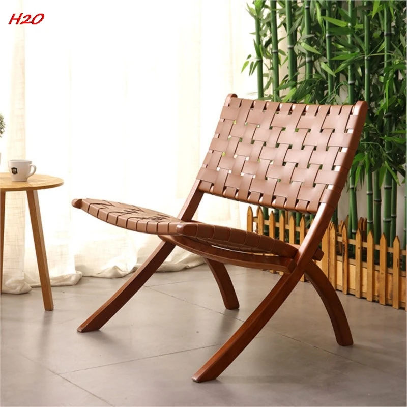 Scandinavian Ash Wood Beach Chair Solid Wood Rope Chair Saddle Leather Net Red Folding Balcony Outdoor Leisure Rope