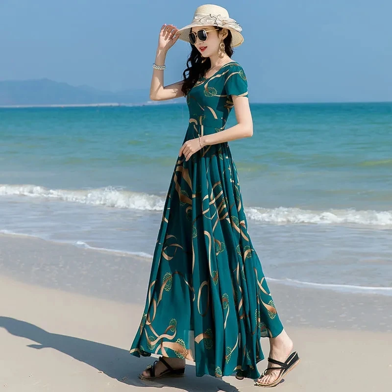 Chiffon Dress Women's 2023 Summer New Style V-Neck Long Dress with Ruffled Cuffs And Waist Wrapped Print Dress Big Swing Dresse