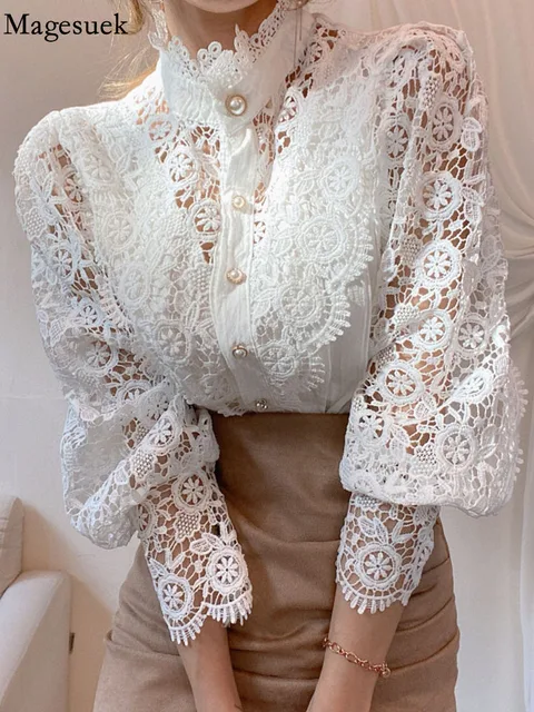Hollow Out Lace Blouse: Petal Sleeve