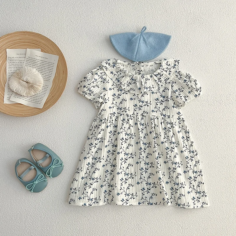 Baby Girls Clothes Summer New Baby Girls Short Sleeve ​Dress Flower Print Baby Romper Princess Dress Kids Matching Sister Outfit 6