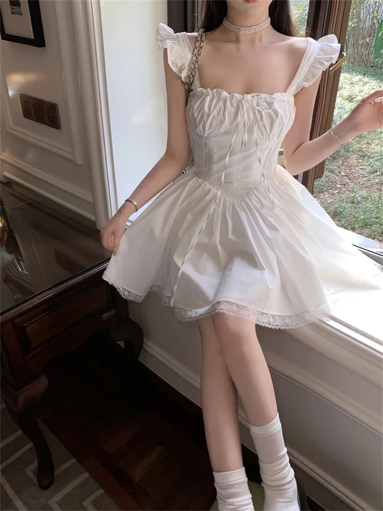 

Summer Lace Up Square Neck Suspender Dress for Women's Lace Patchwork First Love Sweet White Dress Corset Waist Puffy Short Robe