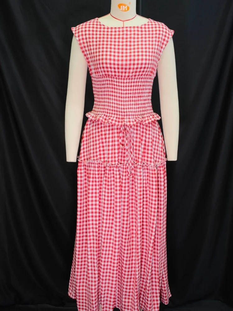 Wmstar Dress Women Wholesale Cross Border Clothing 2025 Summer New Fashion Checked Waist Cinching Body Hugging Top Skirt Set