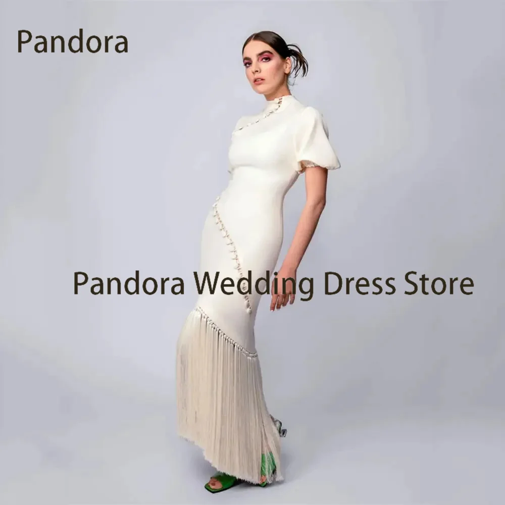 

Pandora Elegant turtleneck short sleeve formal evening dress with button-fringe slit ankle-length mermaid banquet party dress