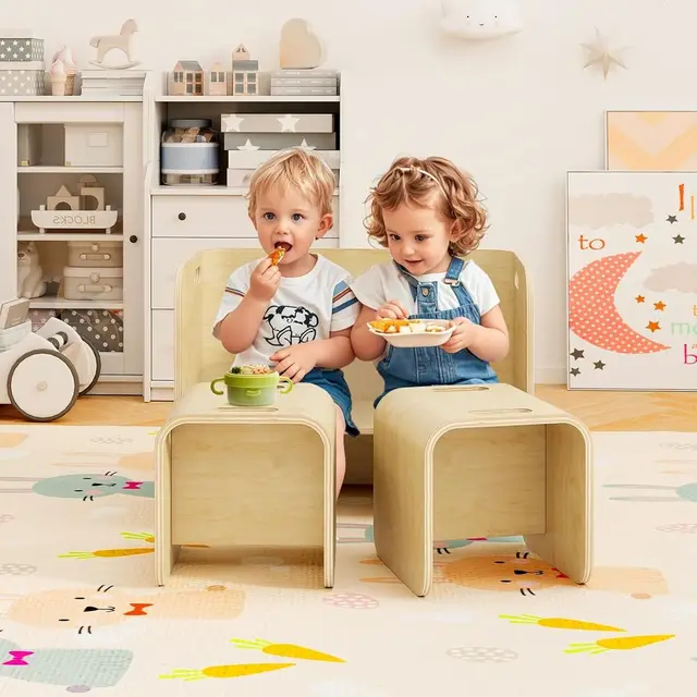All-in-One Birch Wood Kids Table and Chair Set with Storage for Reading, Arts, and Snacks (Natural)