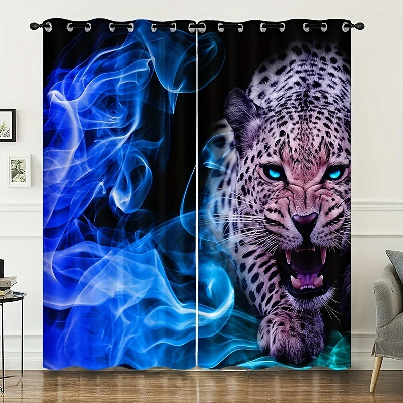 

2pcs Novel Blue Wild Animal Leopard Polyester Curtain Fashion Printed Curtains Suitable For Bedroom Kitchen Living Room Home Dec