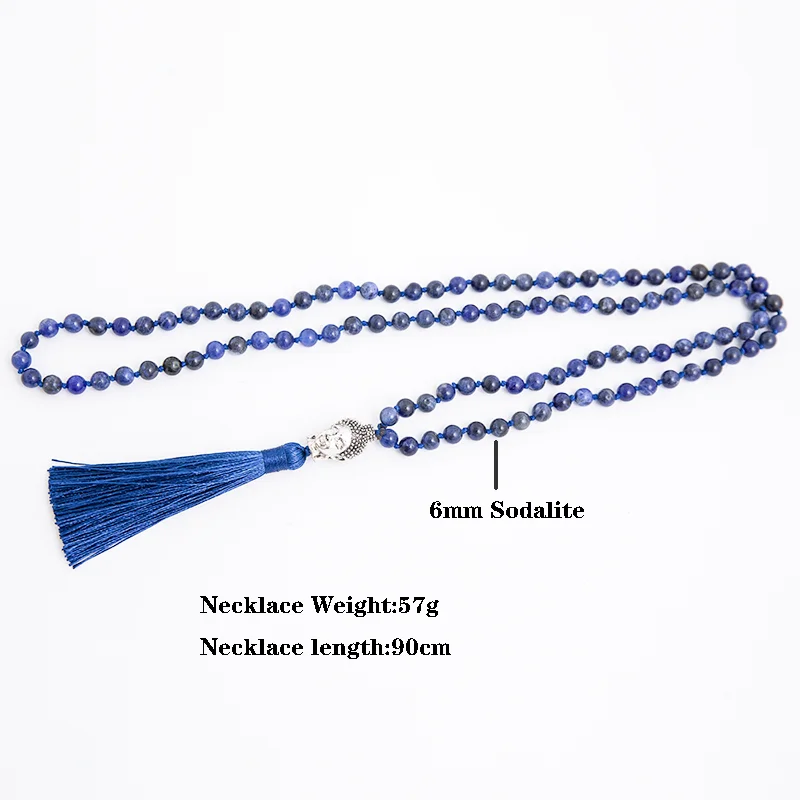 108 Mala Natuurlijke Sodaliet Lapis Lazuli Handgemaakte Kralen Knoop Meditatie Yoga Anniversary Grote Boeddha Hoofd Kwastje Lange Ketting