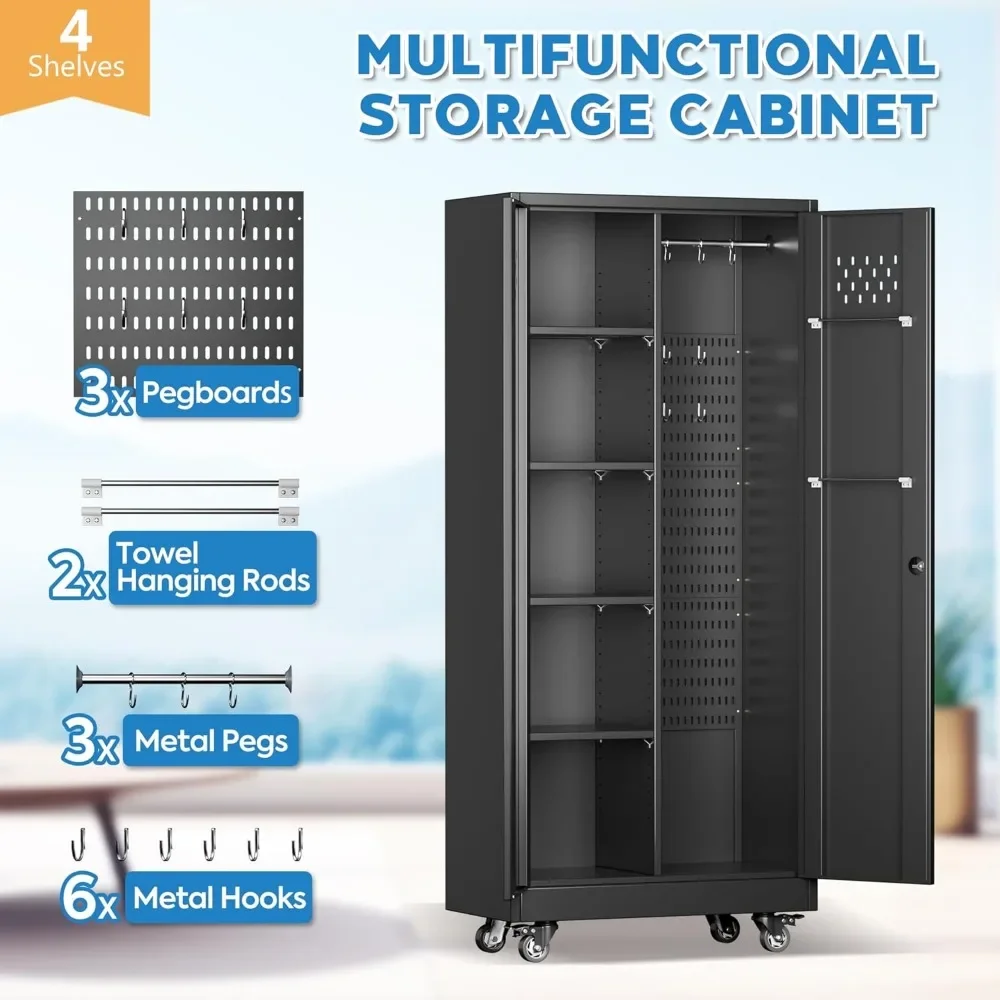 Garage Storage Cabinet, Metal Storage Cabinet with Lockable Doors and 4 Adjustable Shelves, Tool Cabinet with Wheels 3