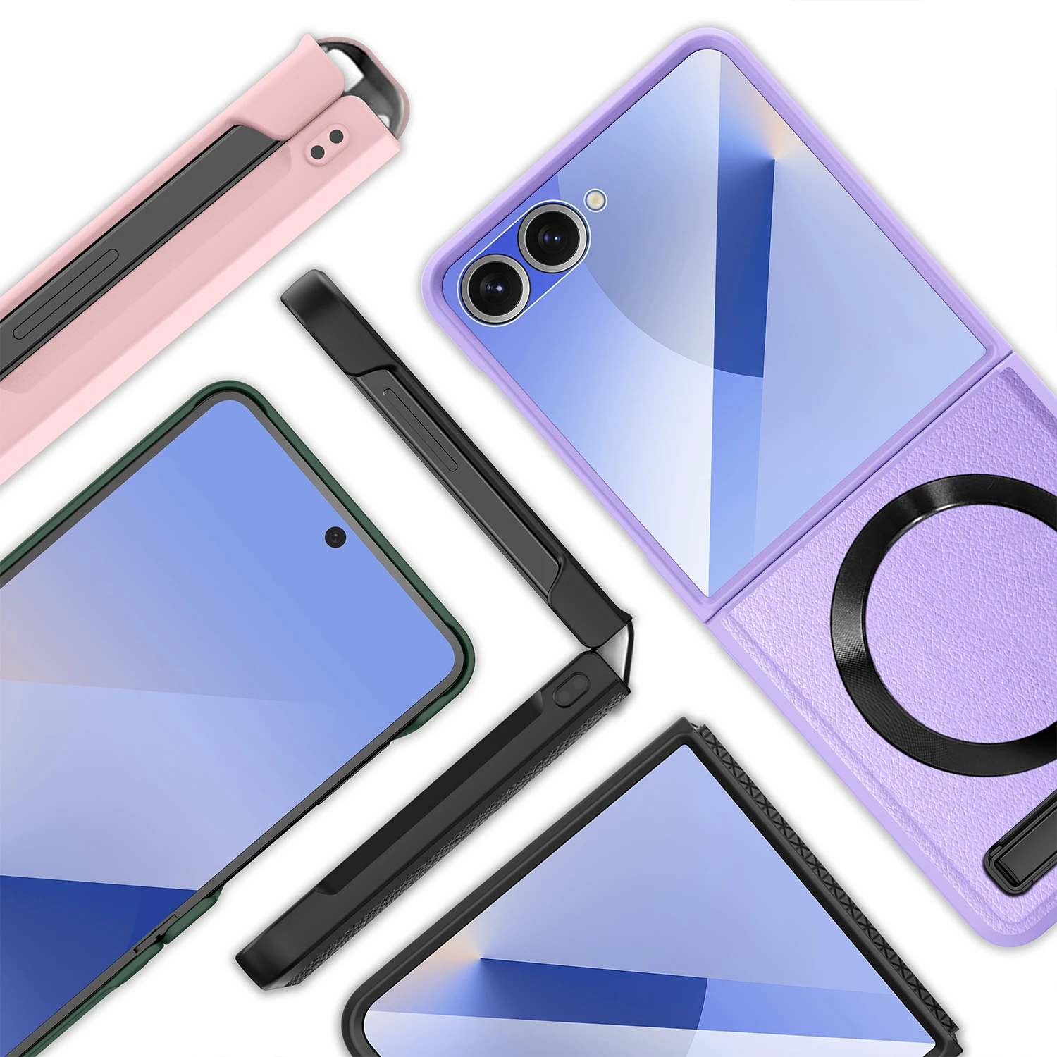 Magnetic Wireless Charging Kickstand Phone Case with Hinge Protection and Leather Cover