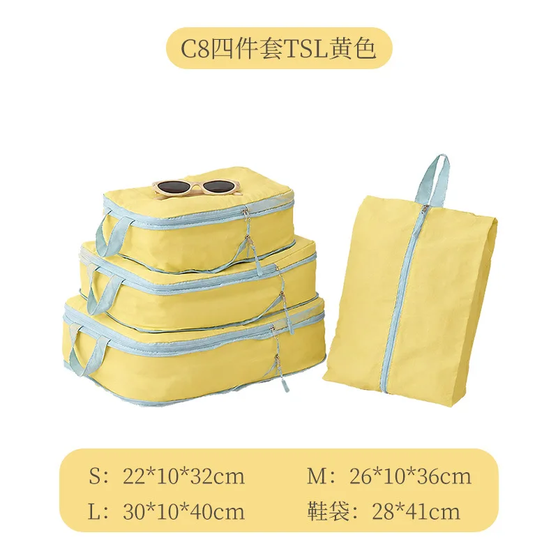 Enhanced Travel Packing Cubes Set with Shoe Bag - Yellow Taslan, Space-Saving Compression Luggage Organizers