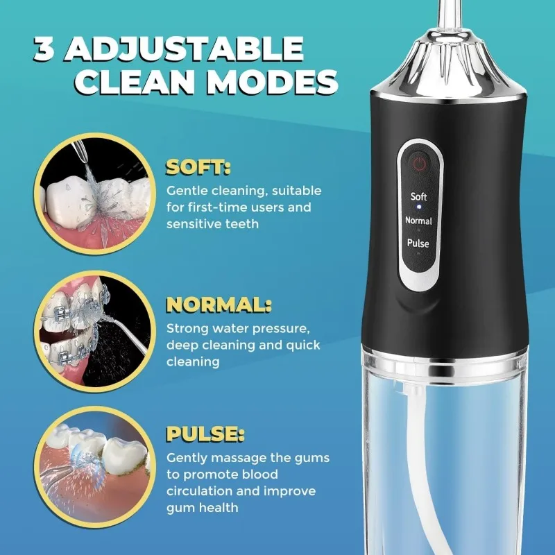 Dental Water Flosser Oral Irrigator Portable USB Rechargeable Dental Water Flosser 4 Jet Tip 220ml 3 Modes IPX7 Waterproof