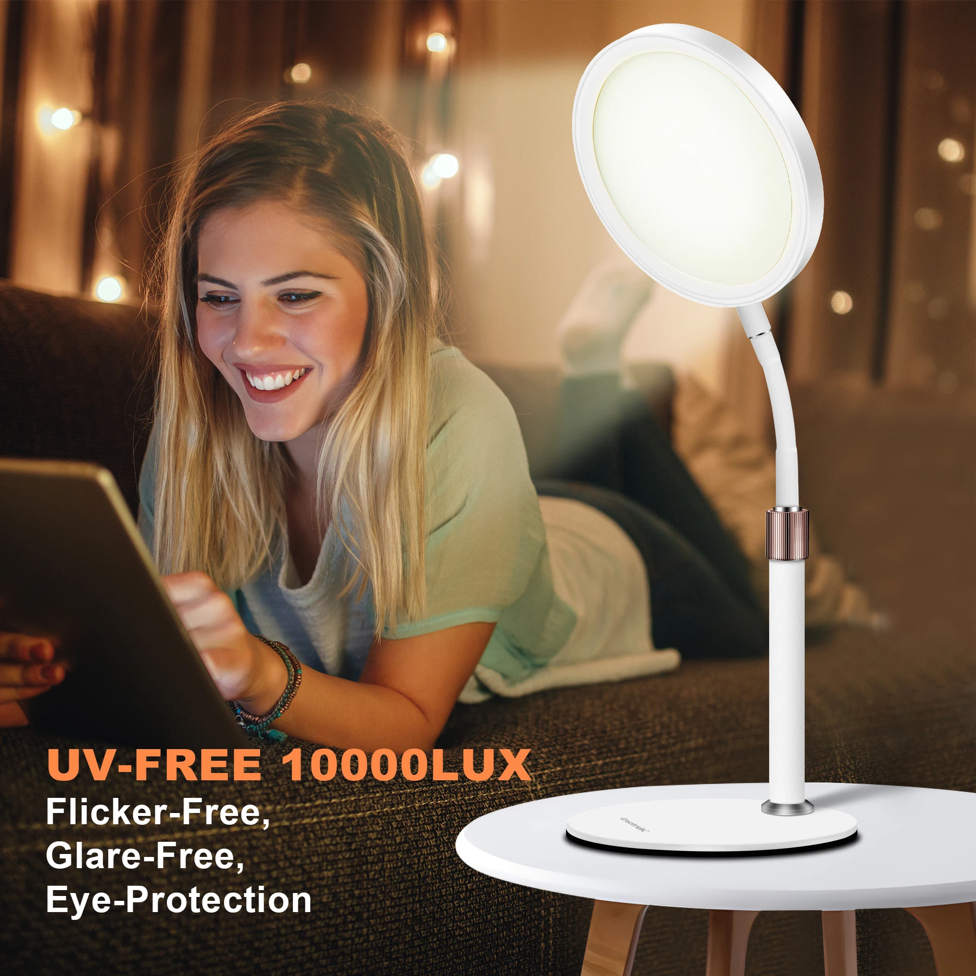 3-in-1 phototherapy table lamp-UV-free full spectrum LED, 10,000 LUX, adjustable brightness and color