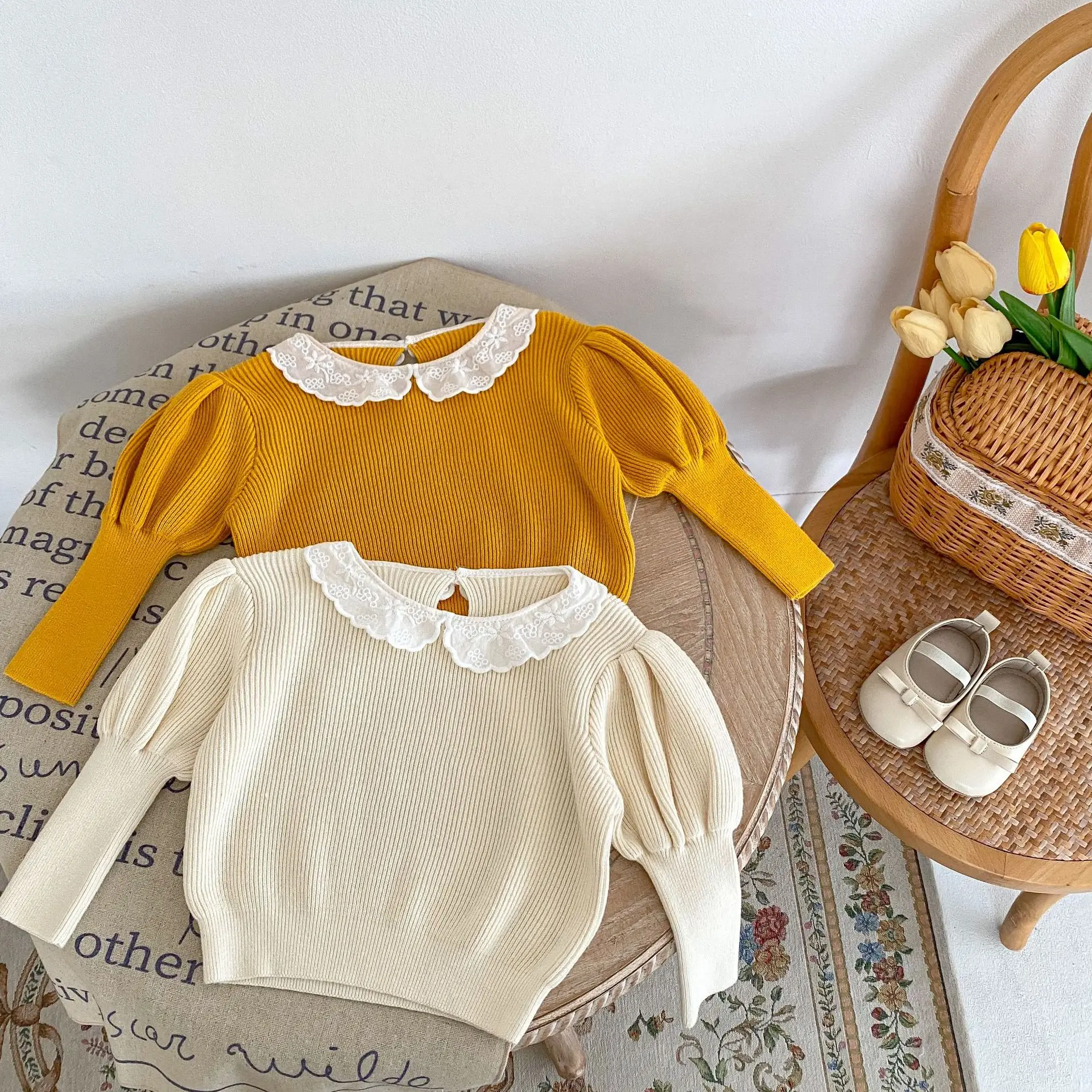 Spring New Baby Girl Lace Collar Bottoming Shirt Cotton Infant Toddler Puff Sleeve Knitted Pullover Girls Solid Casual Tops