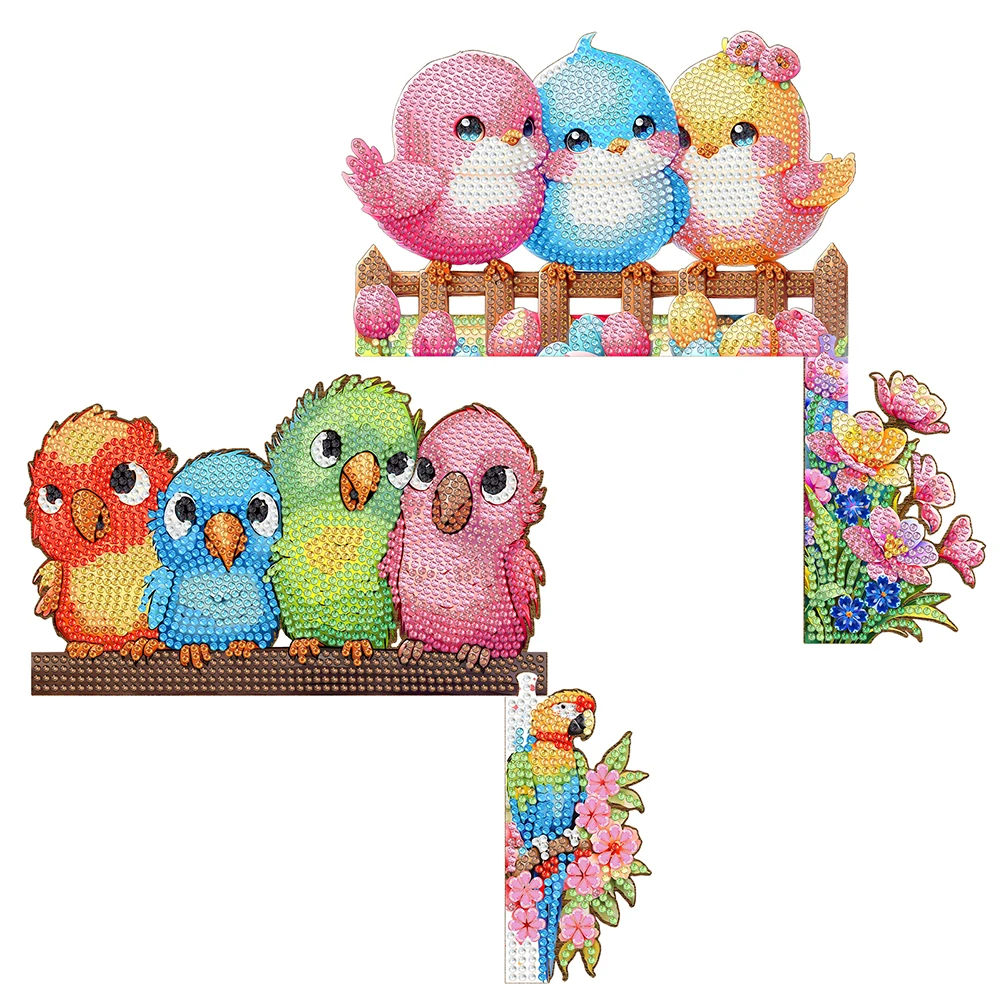 2Pcs Happy Bird Diamond Painting Door Corner Sign Rhinestone Door Frame Decor 5D DIY Wooden Topper for Indoor Outdoor Wall