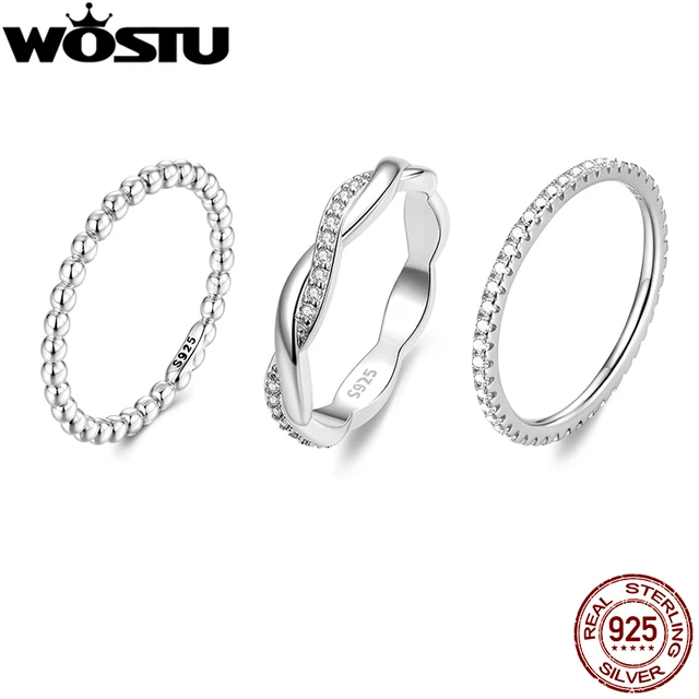 WOSTU Wedding Band Rings for Women 925 Sterling Silver AAA Zircon Stackable Engagement Crossed Rings Simple Jewelry Party Gift