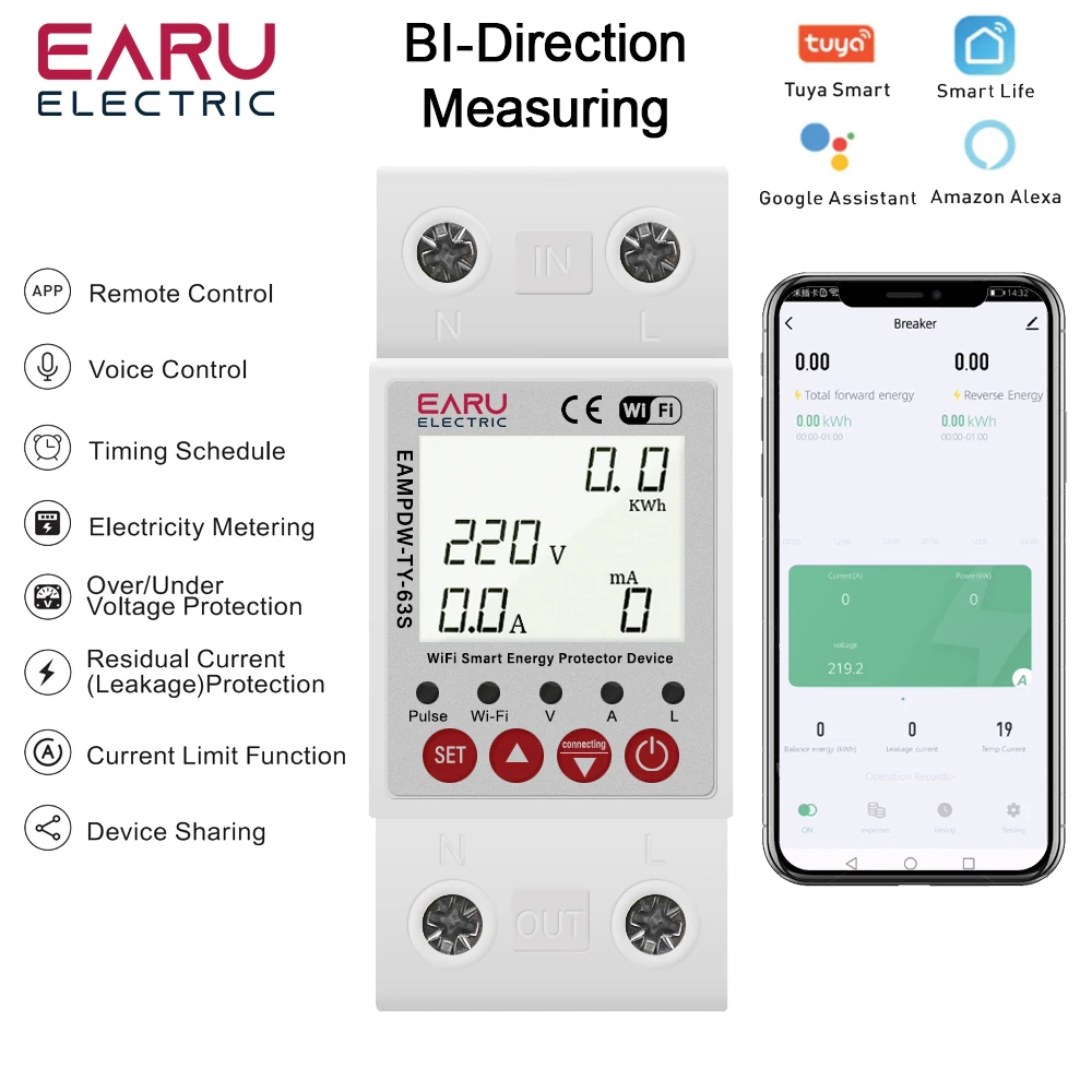 63A Tuya Smart WiFi Circuit Breaker Switch BI-Direction Measuring Earth Leakage Over Under Voltage Protector Energy Power Meter circuit breaker