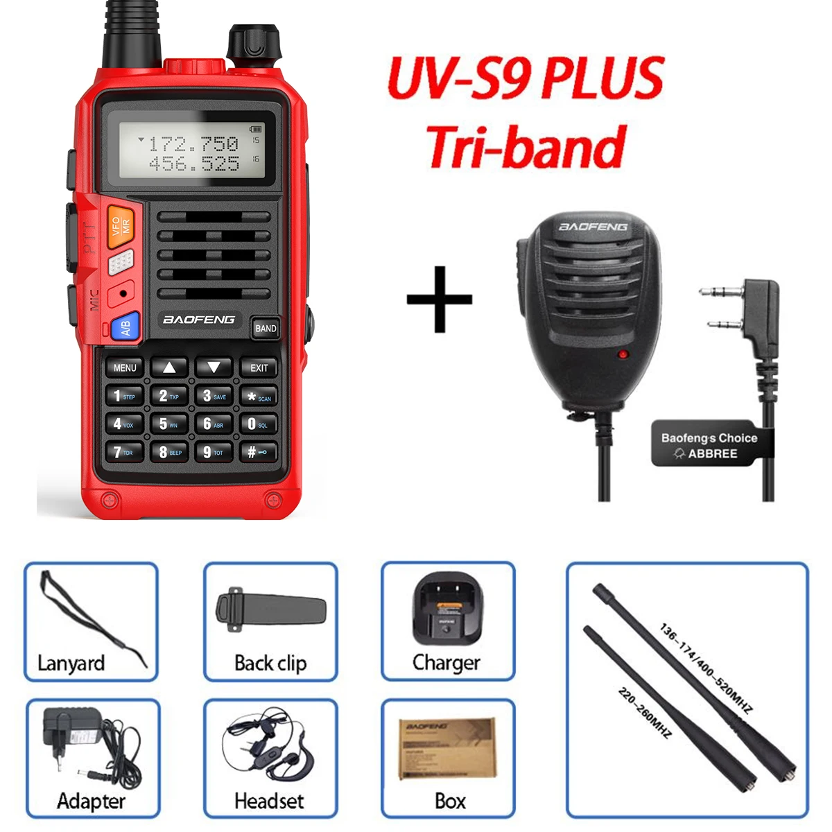 Baofeng UV-S9 PLUS Tri-Band 10W High Power Portable Two Way Radio 220-260Mhz UV 5R Upgrade Amateur Radio FM Transceiver rechargeable walkie talkies Walkie Talkie