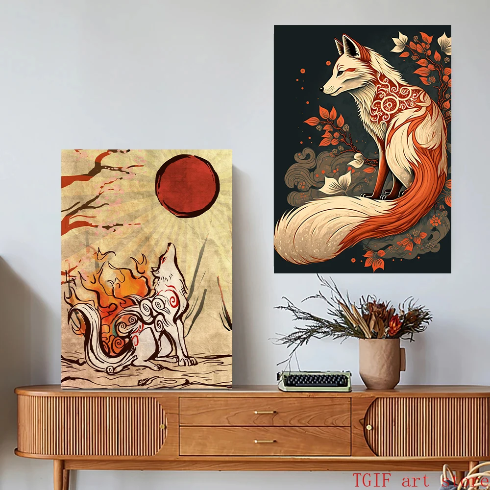 Okami Amaterasu The Fox Japanese 80s Vintage Style Painting Canvas
