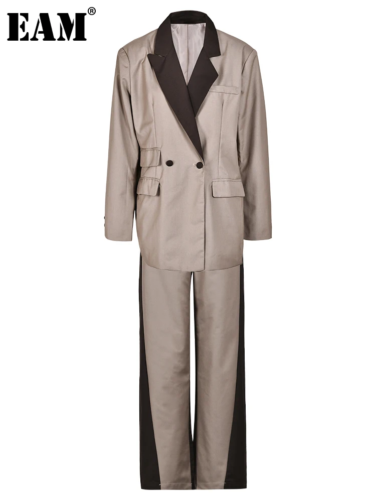 

[EAM] Brown Blazer Big Size Wide Leg Pants Two Piece Suit New Lapel Long Sleeve Women Fashion Tide Spring Autumn 2023 CP2121