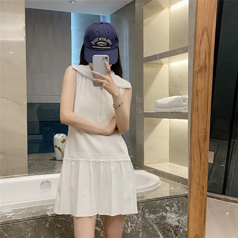 

Polo Collar Sleeveless Dress Xia Bingsi Knitted Design Feeling Slim Waist Temperament Pleated A-line Short Skirt