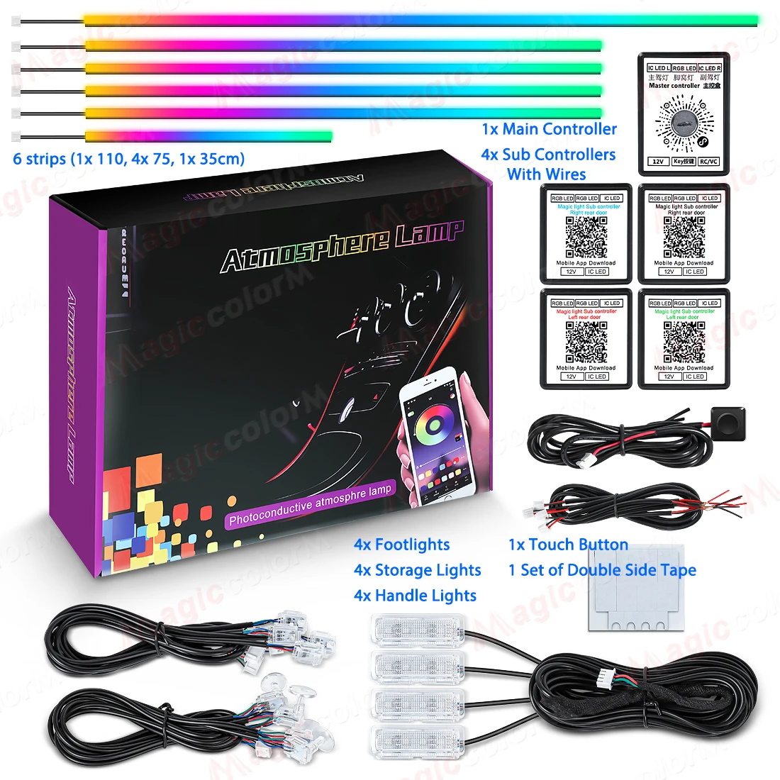 18 w 1 LED-owe oświetlenie ambientowe do samochodu 213 64-kolorowe RGB Symphony Streamer Bluetooth Rainbow Akrylowe listwy wewnętrzne zestaw lamp atmosferycznych