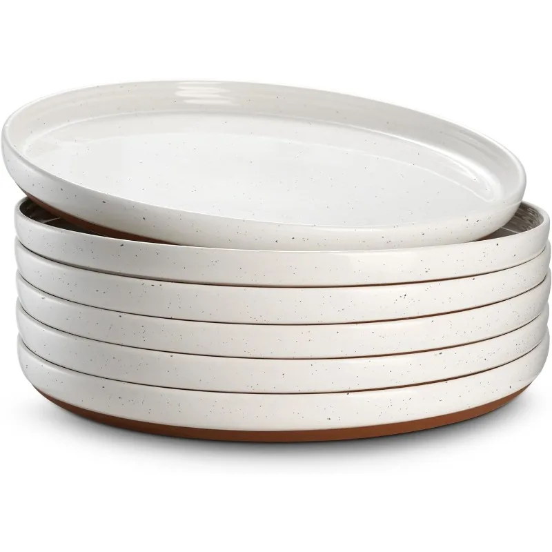 10.5&rdquo; White Dinner Plates Set of 6-Ceramic Serving Dish with Specks, Large Dining Plates for Steak, Assorted, Pasta
