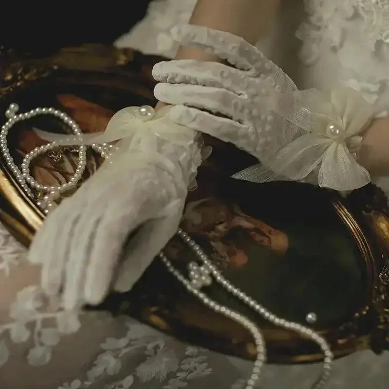 Women Wedding Bridal Short Gloves Net Full Finger See Through Beaded Bow Wrist Length Costume Prom Party Gloves Wedding Mittens