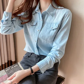 Fashion Classic Slim Fit Women's Denim Shirts Chic Korean Style Turn Down Neck Button Down Deep Blue Jeans Blouses All-match 1