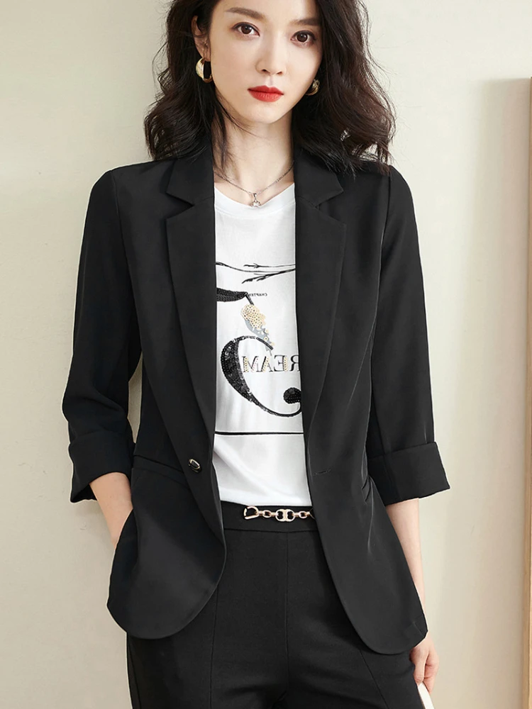 Thin Seven Minute Sleeve Suit Jacket for Female Intellectual and Elegant One Button Slim Spring and Summer 2024