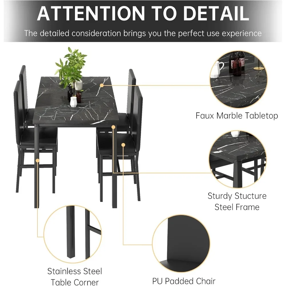 Dining Table Set for 4, Space Saving Kitchen Table and Chairs Set of 4,5 Piece Modern Dining Room Table Set with Faux Marble Top 6