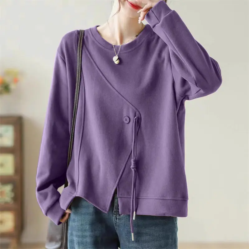 

Новинка весна-осень 2024, Женский свитшот неправильной формы в стиле ретро, однотонная свободная универсальная рубашка, пуловер, топы Z4135