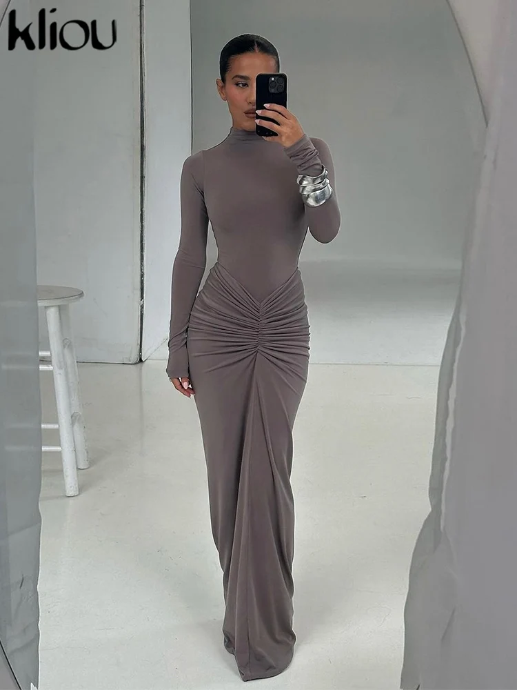 kliou Shirring Women Classic Maxi Dress Autumn New Solid Long Sleeve High Collar Body-shaping Vestidos Mujer Concise Trend Robe 3