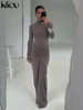 kliou Shirring Women Classic Maxi Dress Autumn New Solid Long Sleeve High Collar Body-shaping Vestidos Mujer Concise Trend Robe 3