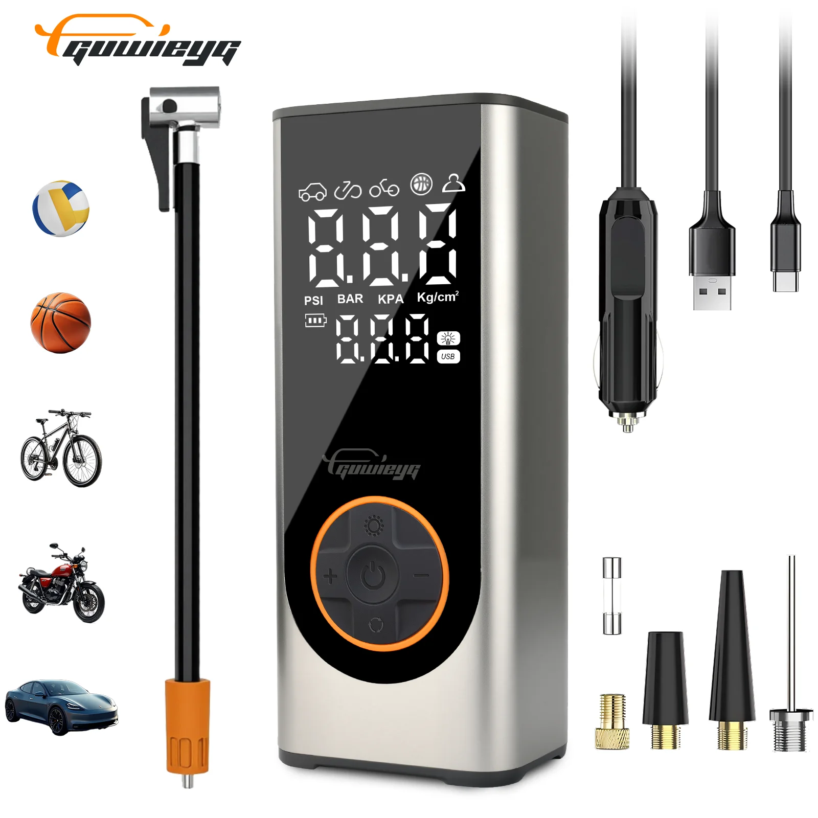 Gonfleur électrique sans fil GUWIEYG intelligent avec détection de pression digitale - Pour voiture et vélo portable