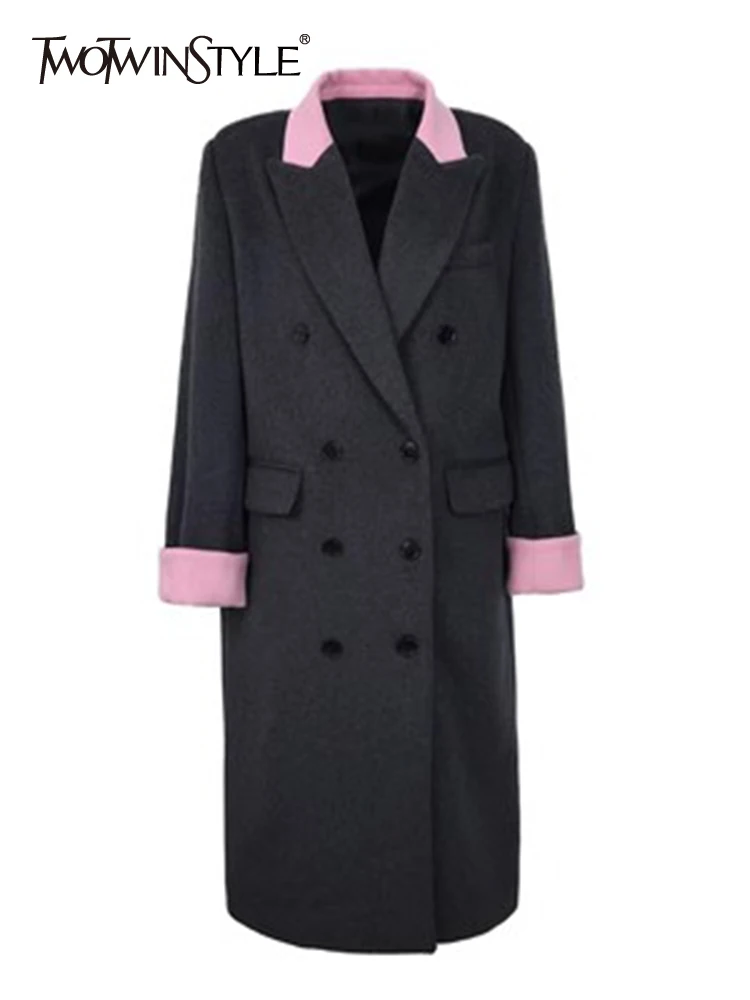 

TWOTWINSTYLE Colorblock Patchwork Pocket Coat For Women Notched Collar Long Sleeve Spliced Double Breasted Casual Coats Female