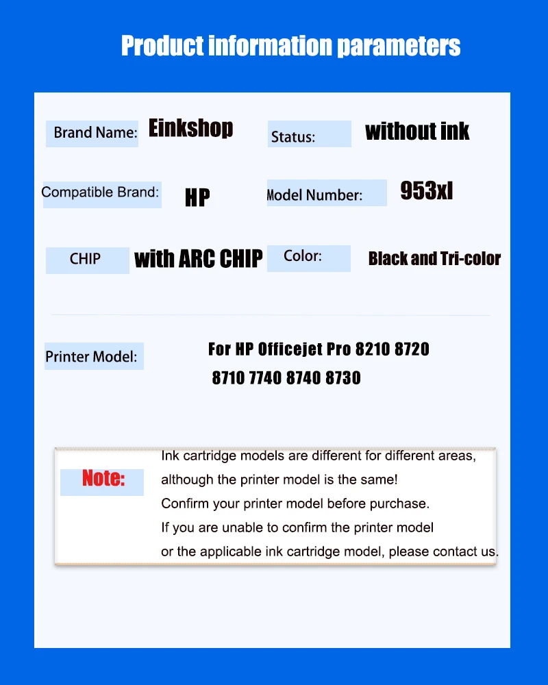 Description Picture 2 of itemEnkshop 953XL Refillable Ink Cartridge Kit 953 With Chip For HP OfficeJet Pro 7720/7740/ 8210/8216/8710 8715/8720/8725/8730/8740