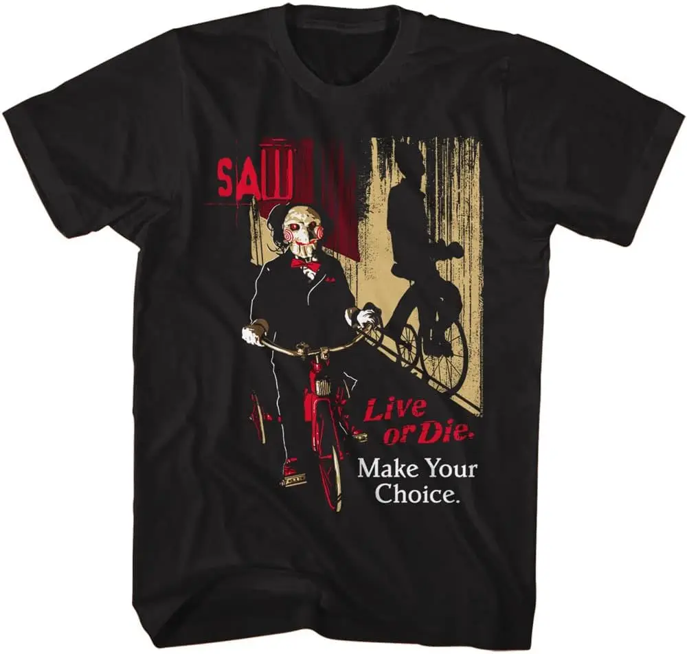 SAW Jigsaw on Bicycle Herren-T-Shirt Live or Die Make Your Choice Horror Gore Halloween-Geschenk Baumwolle Lässige Mode Streetwear
