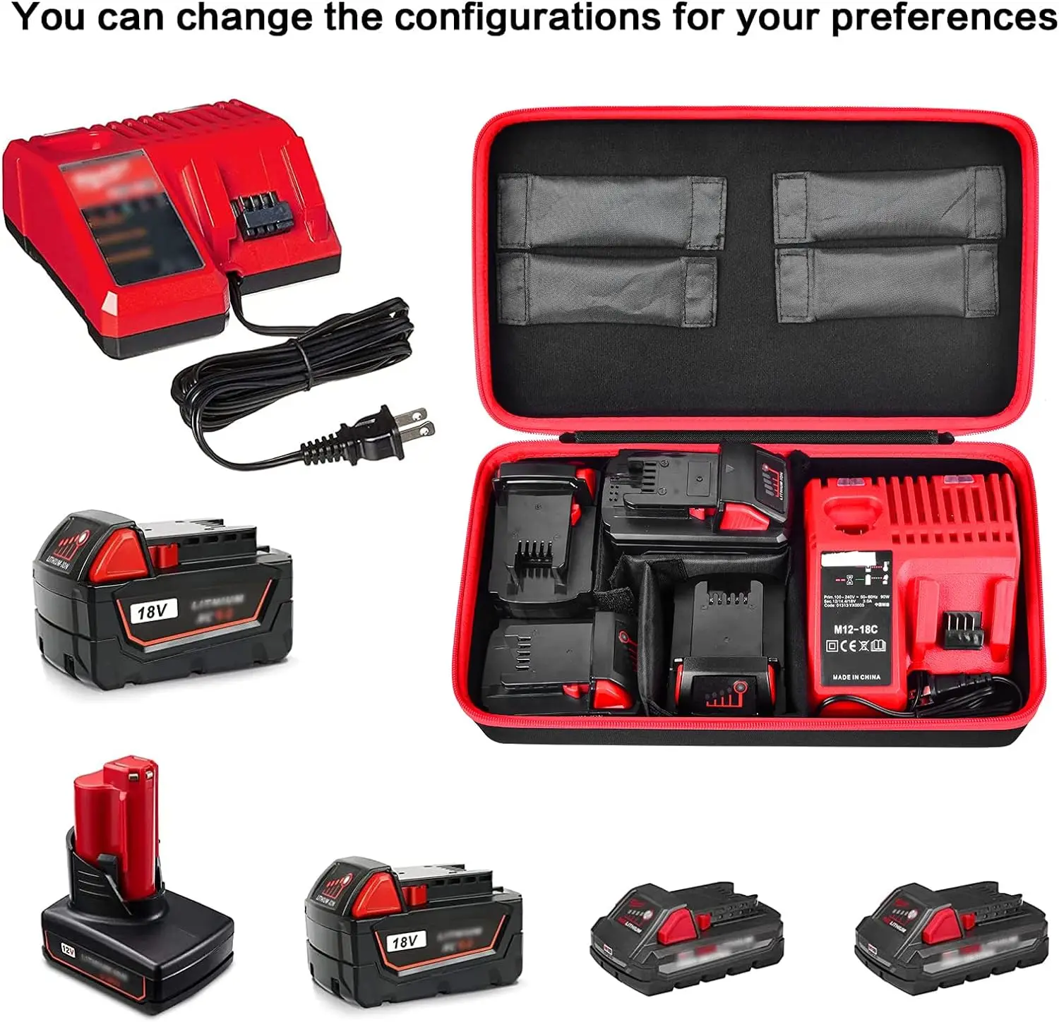 Storage box extra large battery hard for Milwaukee M18 18V/ M12 12V battery and charger