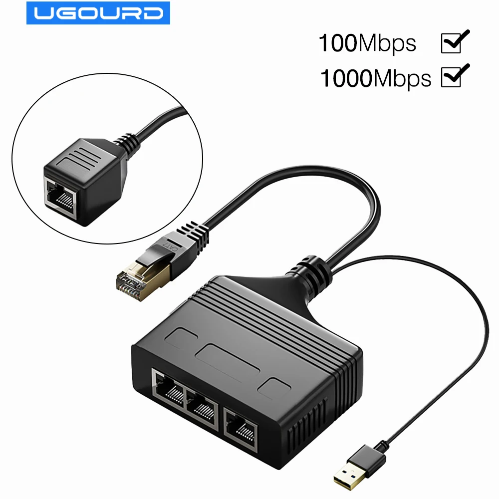 

UGOURD Gigabit Ethernet Switch Rj45 Splitter LAN Extension Adapter 1000Mbps 1gbps 4 Port 1 to 3 or 4 Port Network Connector