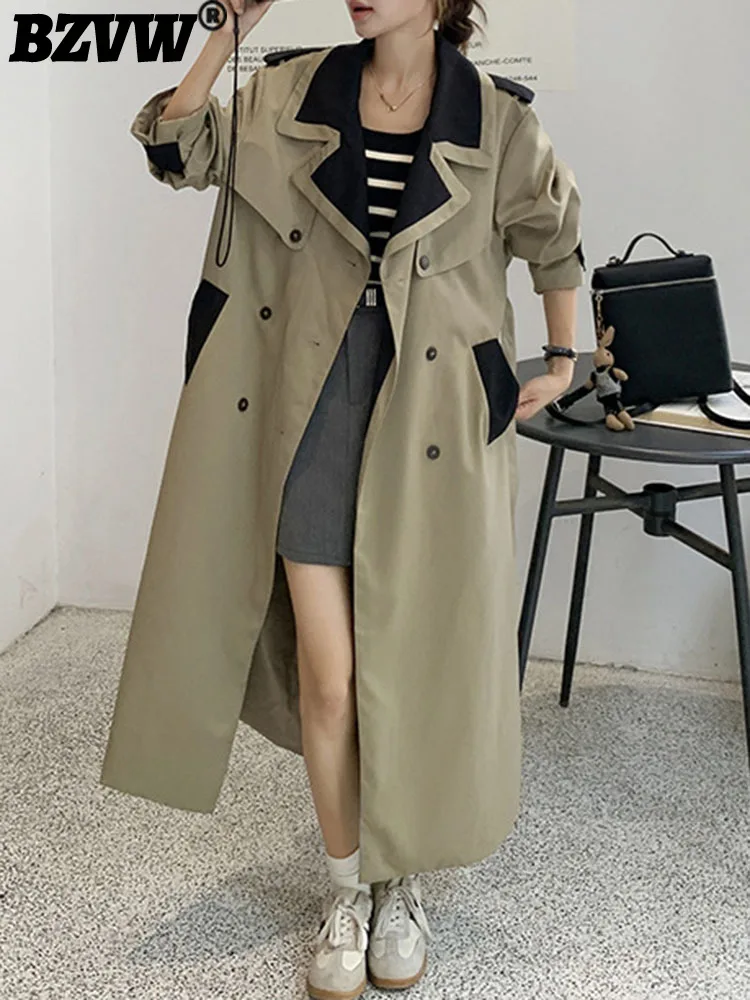

BZVW Women's Korean Windbreaker Long Coat 2023 Autumn New Temperament Loose Contrast Color Designer Trench Jacket Female 25X5002