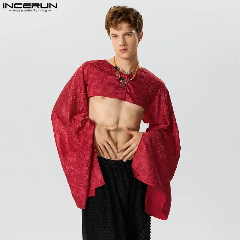 

2023 Men Shirt O-neck Flare Long Sleeve Button Loose Streetwear Male Crop Tops Solid Color Fashion Casual Camisas S-5XL INCERUN