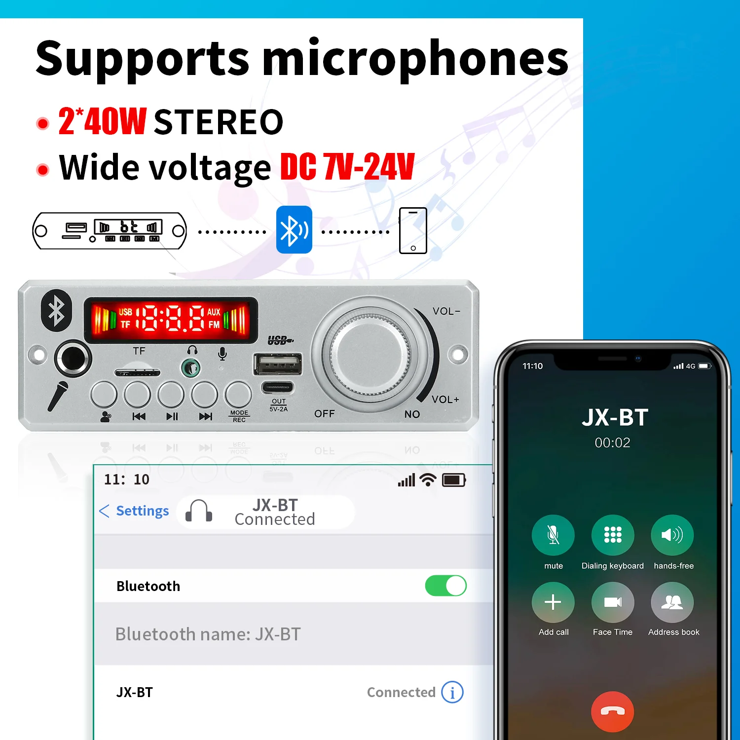 블루투스 디코더 보드 마이크 FM 라디오 TF USB 자동차 오디오 음악 플레이어 스피커, 볼륨 조절 DIY, 40W 앰프, DC 12V, 6.5mm