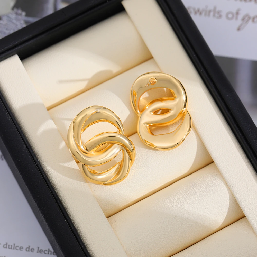 New Interlocking Circle Earrings for Women Gold Color Waterproof PVD Statement Double Round Knot Ear Stud Jewelry Stylish Bijoux