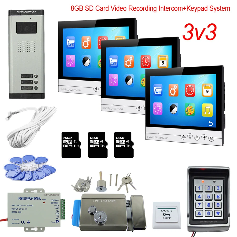 

For 3 4 5 6 Apartments Video Recording Smart Video Doorbell With Lock Video Intercoms 16GB 9”Memory Monitor Access Control Kit